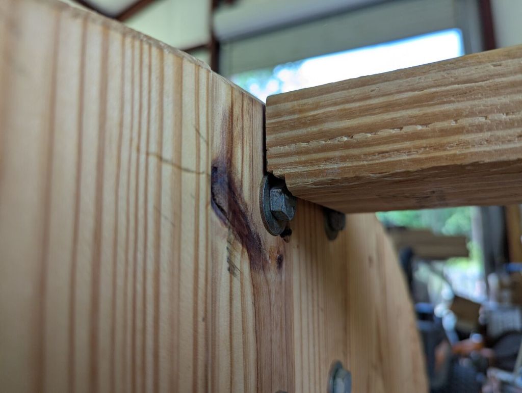 2x4 notched to allow space for bolts and washers