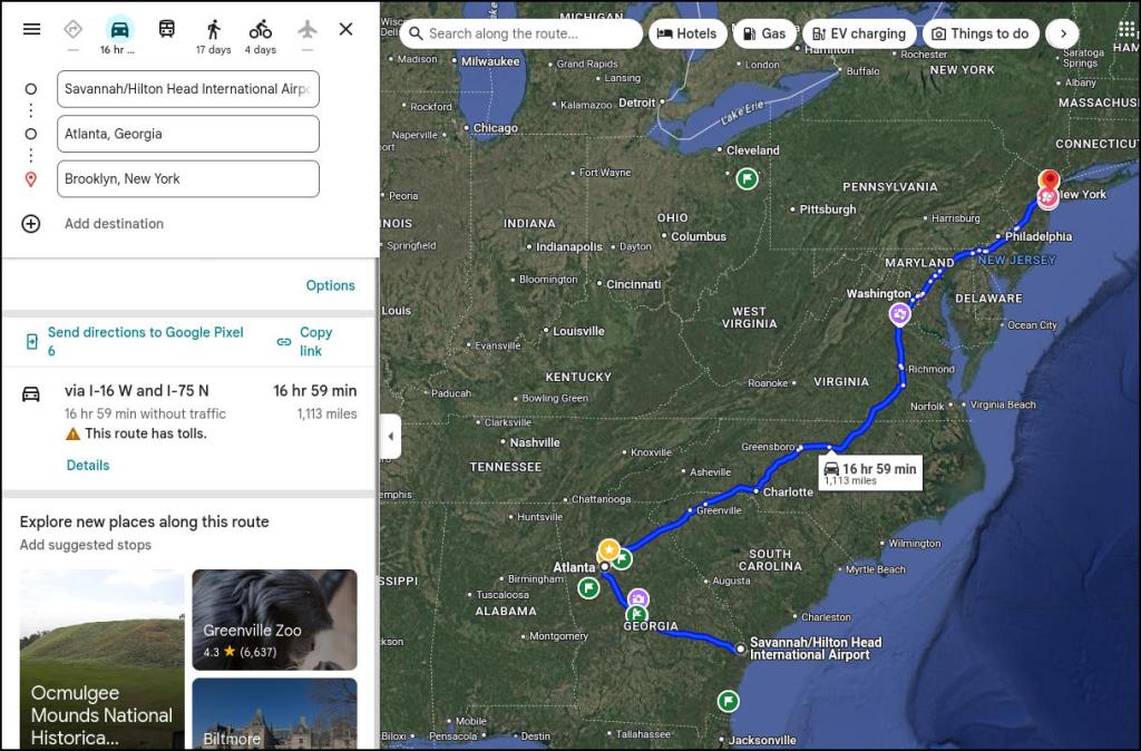 Google maps screenshot of map from Savannah to Atlanta to Brooklyn, NY for 16 hr 59 min drive over 1,113 miles