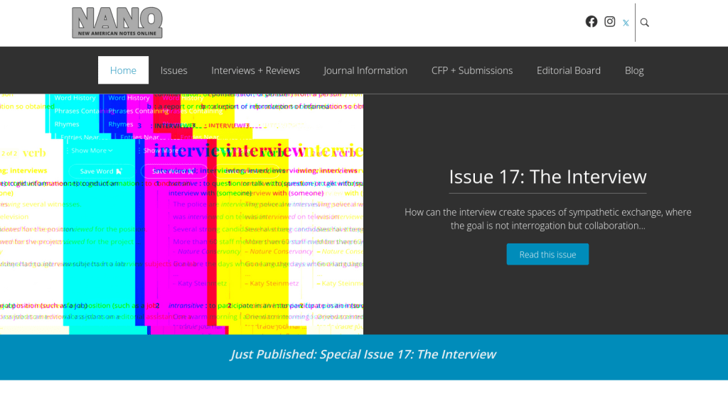 screen shot of a printer color offset of the definition of an "interview" as the title image for Issue 17: The Interview in New American Notes Online website