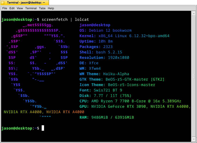 terminal screen with system info: jason@desktop:~$ screenfetch | lolcat
         _,met$$$$$gg.           jason@desktop
      ,g$$$$$$$$$$$$$$$P.        OS: Debian 12 bookworm
    ,g$$P""       """Y$$.".      Kernel: x86_64 Linux 6.12.32+bpo-amd64
   ,$$P'              `$$$.      Uptime: 10h 8m
  ',$$P       ,ggs.     `$$b:    Packages: 2323
  `d$$'     ,$P"'   .    $$$     Shell: bash 5.2.15
   $$P      d$'     ,    $$P     Resolution: 1920x1080
   $$:      $$.   -    ,d$$'     DE: Xfce
   $$\;      Y$b._   _,d$P'      WM: Xfwm4
   Y$$.    `.`"Y$$$$P"'          WM Theme: Haiku-Alpha
   `$$b      "-.__               GTK Theme: BeOS-r5-GTK-master [GTK2]
    `Y$$                         Icon Theme: BeOS-r5-Icons-master
     `Y$$.                       Font: Swis721 BT 9
       `$$b.                     Disk: 7.7T / 11T (75%)
         `Y$$b.                  CPU: AMD Ryzen 7 7700 8-Core @ 16x 5.389GHz
            `"Y$b._              GPU: NVIDIA GeForce RTX 3090, NVIDIA RTX A4000, NVIDIA RTX A4000, NVIDIA RTX A4000
                `""""            RAM: 9486MiB / 63916MiB
