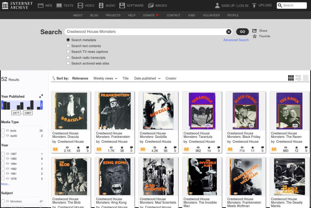 a page of search results on archive.org for crestwood house monsters with covers showing Dracula, Frankenstein, Godzilla, and others.